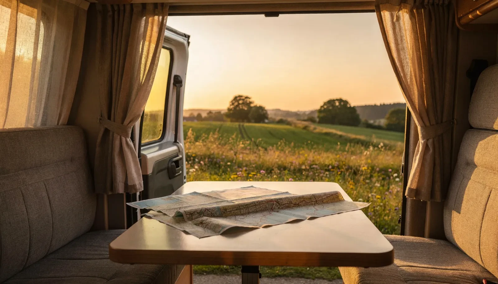 Intérieur d'un camping-car au coucher du soleil, table avec carte routière et porte coulissante ouverte sur un pré