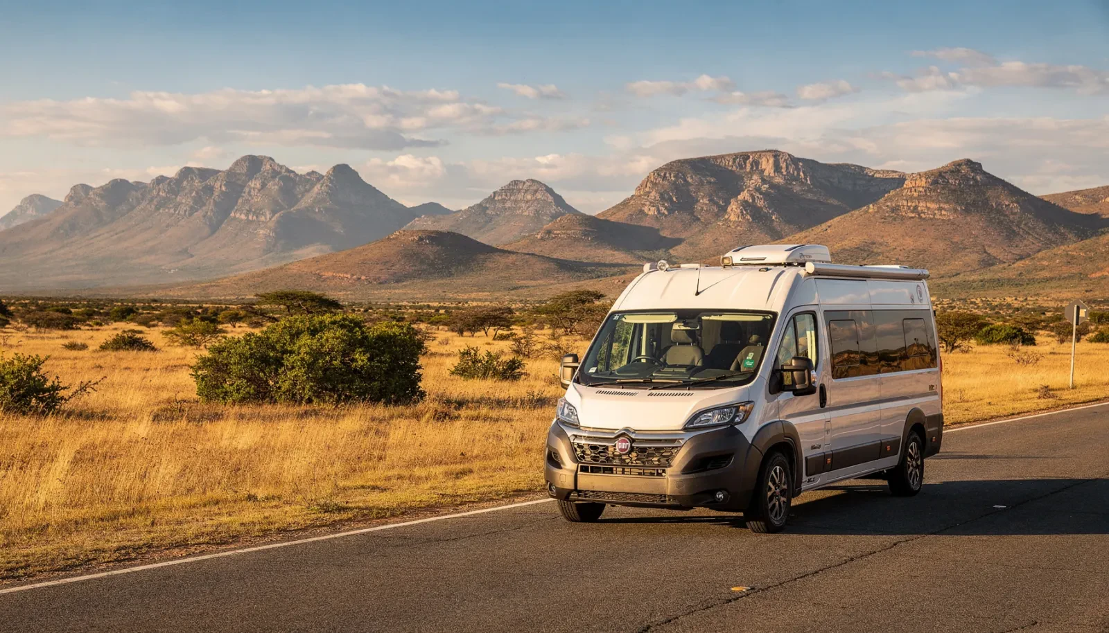 Un camping-car roule sur une route au cœur d'un paysage sauvage sud-africain, en pleine lumière du jour