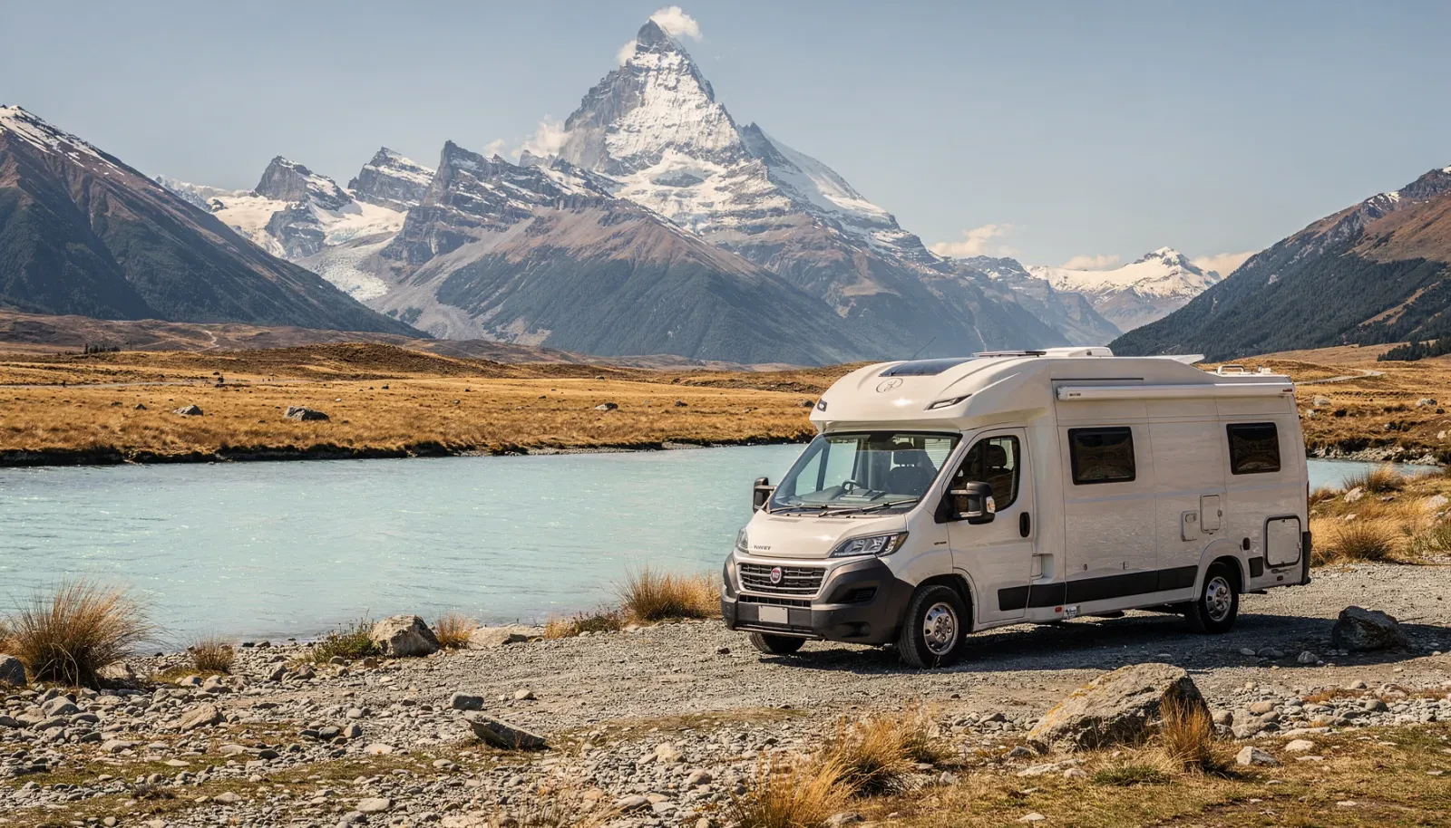 Camping-car garé au bord d'un lac glaciaire turquoise, face à un sommet enneigé des Alpes du Sud